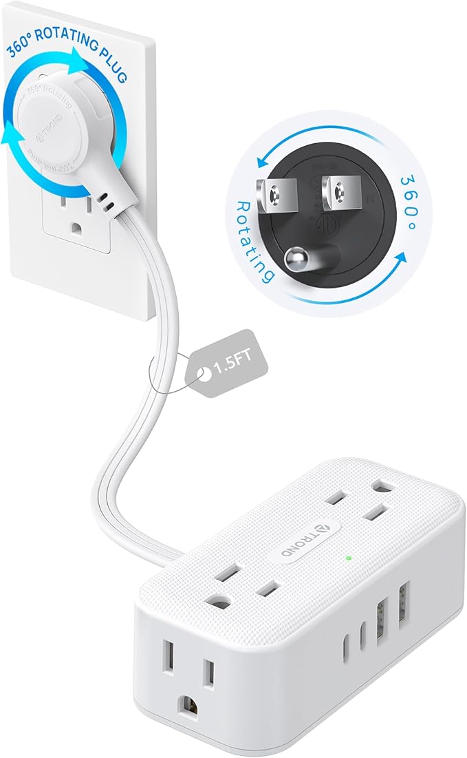 TROND 360° Rotating Flat Plug Power Strip, 1.5FT Extension Cord with 4 USB Ports, 4 Wide Spaced AC Outlets, Wall Mount, 900J Surge Protector for Office Travel Dorm Room Essentials, White