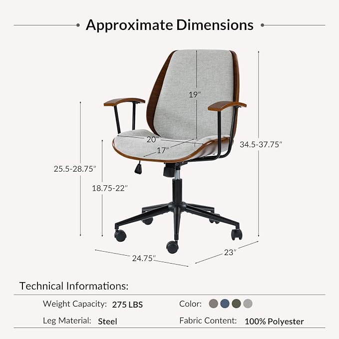 Modern Ergonomic Office Chair with Wood Frame & Metal Base, Swivel Home Office Desk Chairs with Adjustable Height, Comfy Upholstered Computer Chair, Grey