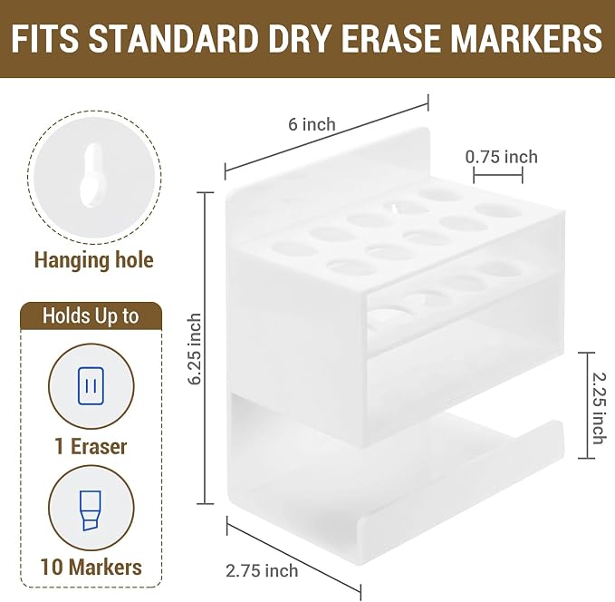 MyGift Dry Erase Marker Holder 10 Slots Whiteboard Marker Holder For Wall Dry Erase Eraser Holder Wall Mount White
