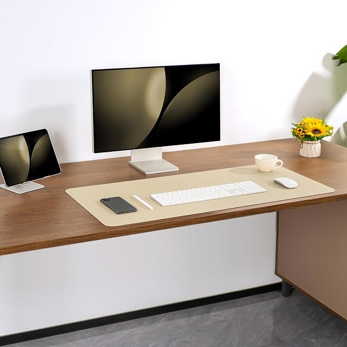 Dual Sided Desk Pad Faux Leather Desk Mat Large Mouse Pad | Desk Pad Protector Non-Slip Waterproof Desk Mouse Pad for Writing Desk, Office, Home(Gray Beige 35.4"X17")