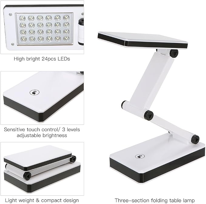 Lixada Foldable LED Desk Lamp Portable LED Table Lamp Folding Light Sensitive Touch Control 3 Levels Adjustable Brightness Battery and USB Powered for Travel Reading Studing Home Office School