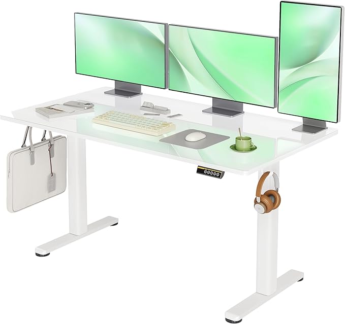 Claiks 55x24 Inch Super White Glass Standing Desk | Adjustable Height, Tempered Glass Top, Stand Up, Quick Install, 3 Memory Presets