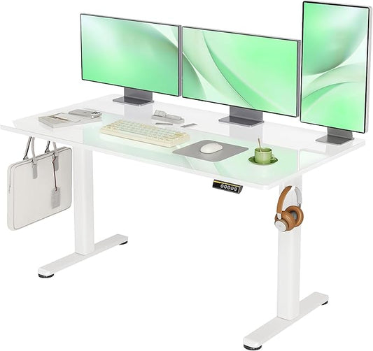 Claiks 55x24 Inch Super White Glass Standing Desk | Adjustable Height, Tempered Glass Top, Stand Up, Quick Install, 3 Memory Presets
