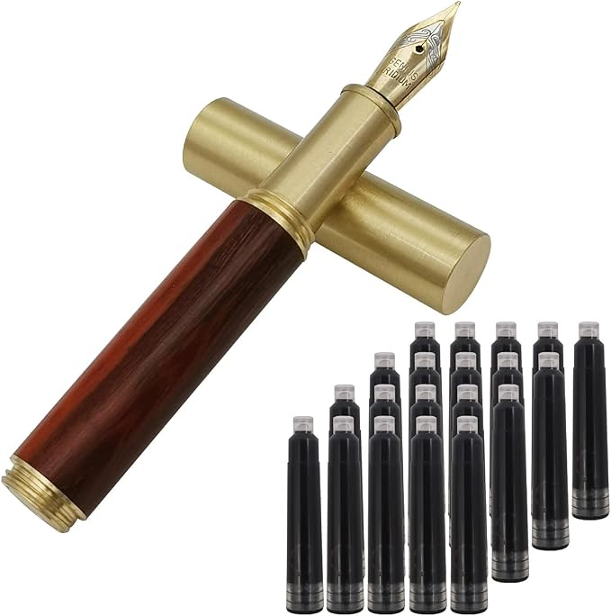 Handcrafted Brass Wooden Fountain Pen Short Paragraph (85mm) Pocket Mini Travel Pen with 20 Pcs Black Ink Cartridges, Brown-red Texture