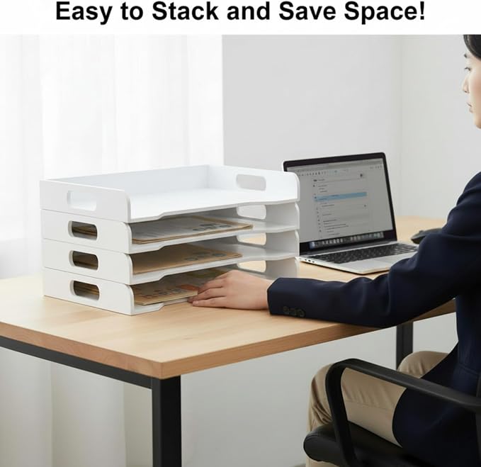 Wooden Stackable Paper Trays 4-Tier Wooden Paper Organizer for Desk Letter Documents Woodens Desktop File Organizers for Desktop File Holder and Office Supplies Rack for Home Office Use(White)