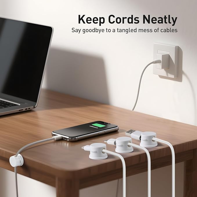 AGPTEK 8 Pack Magnetic Cable Clips, 360° Rotatable Cord Holder, White | Cable Holder for Nightstand, Desk Cord Organizer Adhesive Wire Management Home Phone Charging Cords USB Cable Keeper