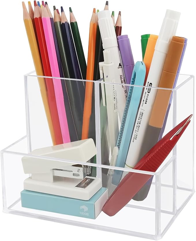 HSYMQ Desktop Clear Pen Holder with 3 Compartments, Acrylic Pencil Holders, Desk Organizers and Accessories