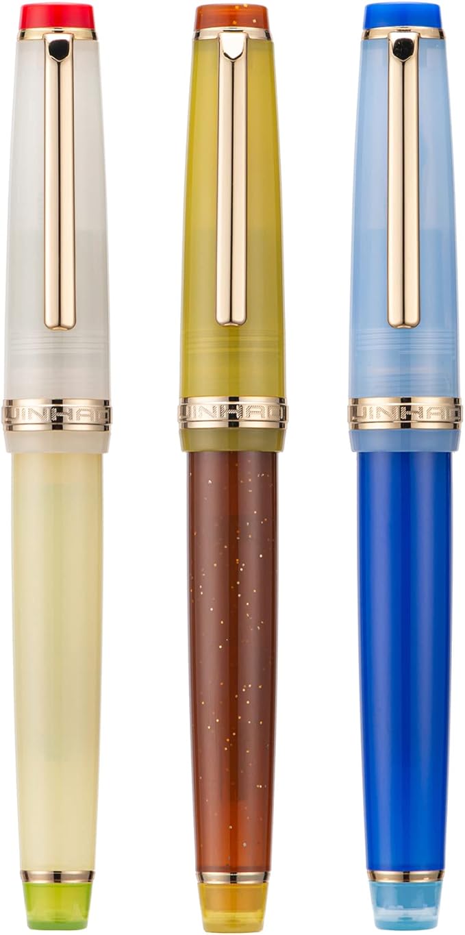 3 Jinhao 82 Fountain Pen Transparent Mixed Classic Color Acrylic Medium Point Gold Trim with Converter Set