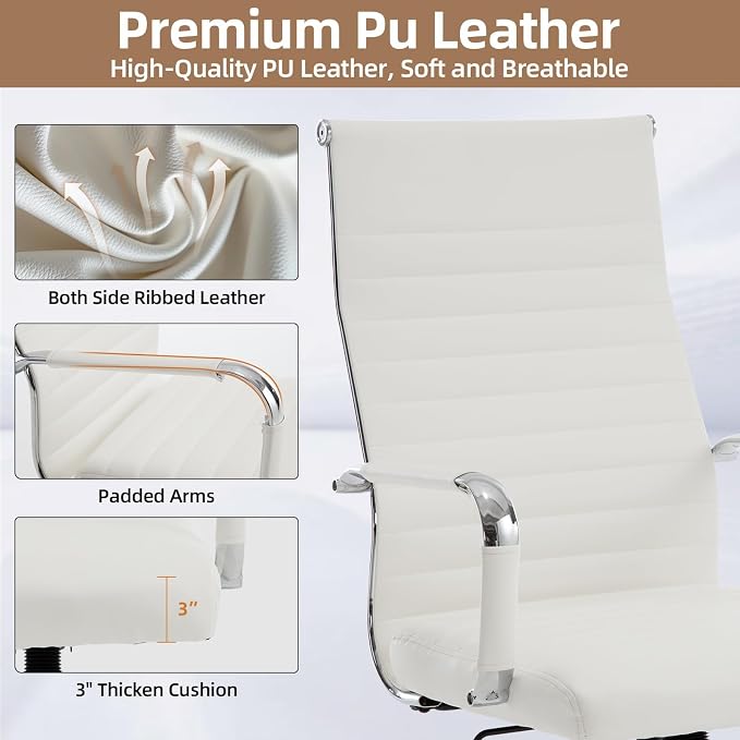 Office Chair, Ergonomic Executive Conference Room Chairs, Ribbed Leather Desk Chair with Lumbar Support, Adjustable Height Mid-Back Swivel Chair with Padded Seat