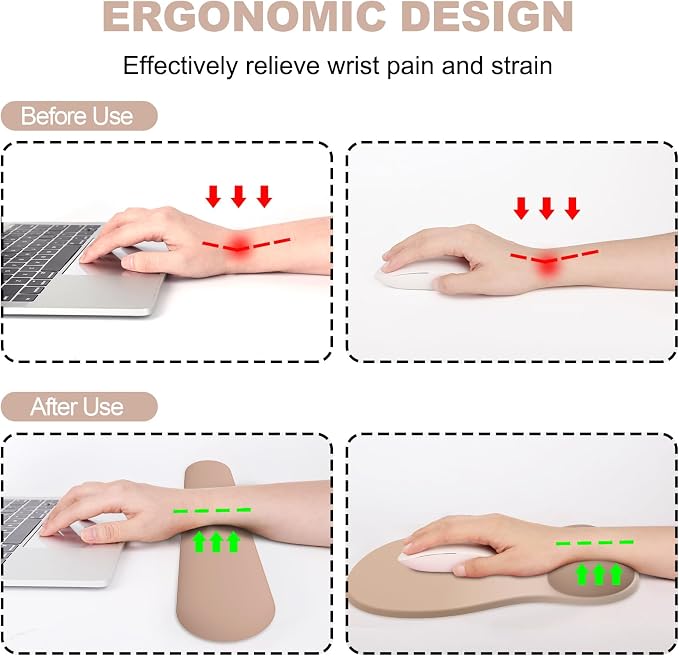 Ergonomic Mouse Pad with Wrist Rest and Keyboard Wrist Rest, Gel Mousepad and Wrist Rest for Computer Keyboard, Pain Relief, Non-Slip PU Base, Mouse Pad with Wrist Support for Gaming, Office, Brown