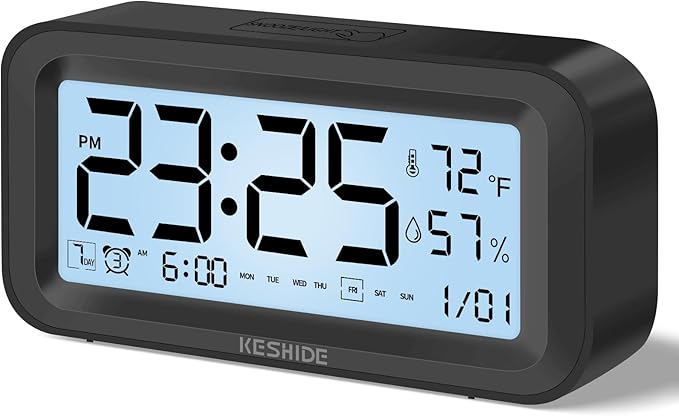Night Light Digital Alarm Clock Battery Operated with Indoor Temperature Humidity, Desk Small Clock,Snooze Model,12/24H Display for Bedrooms Heavy Sleepers Kids Travel Bathroom (Black)