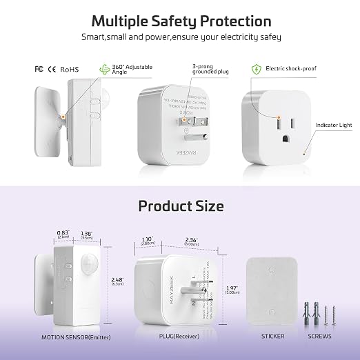 RAYZEEK Wireless Motion Sensor Plug Kits,No-Wire Mini PIR Sensor Switch Control Plug to Auto Turn On/Off Electrical Devices,10A/1100W for Christmas Lights,Fans,Household Appliances