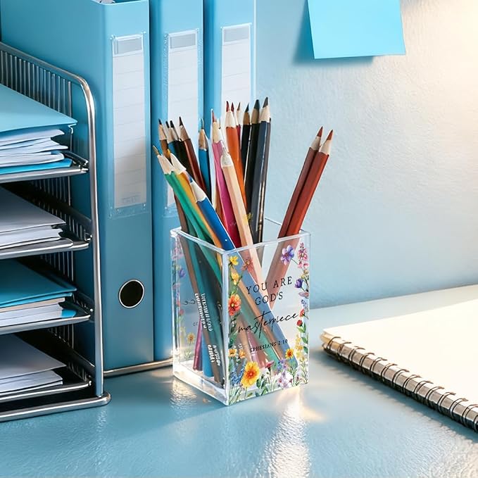 You Are God's Masterpiece Acrylic Pencil Holder Cup for Women Girls | Floral Christian Pen Holder Gifts for Desk, Christian Bible Verses Makeup Brush Organizer for Home Office Desk Accessories