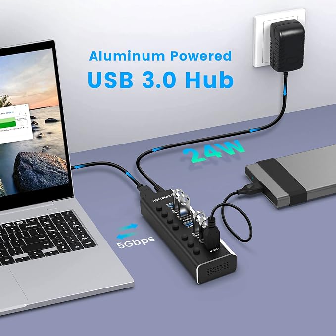 USB Hub 3.0 Powered Rosonway Aluminum 7 Ports USB 3.0 Data Hub Splitter with 24W (12V/2A) Power Adapter and Individual On/Off Switches USB Port Expander for PC and Laptop (RSH-A37S) (Pack of 2)