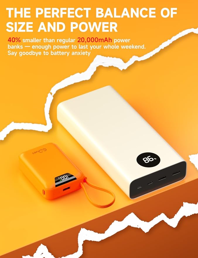 M2 Portable Charger, 20000mAh Power Bank, PD 35W Ultra Fast USB-C Built-in Cable, Compact Cute Mini External Battery Pack for iPhone, Samsung, Android iPad (Orange)