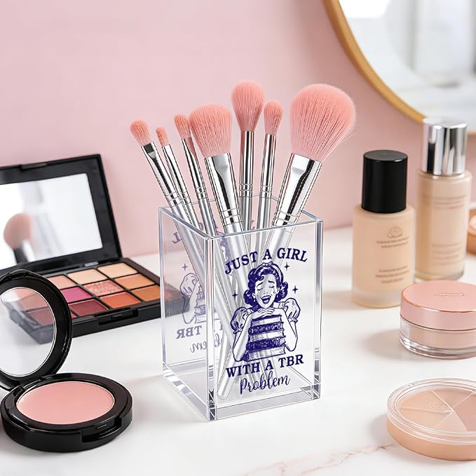 Just A Girl With A TBR Problem Acrylic Pencil Pen Holder Cup, Reading Book Club Makeup Brush Storage Organizer, Bookish Desk Accessories Holder Gifts for Daughter Librarian Teacher Holders