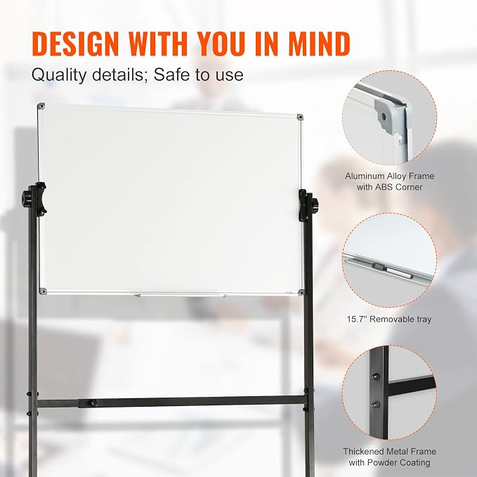VEVOR Rolling Magnetic Whiteboard, Double-Sided Mobile Whiteboard 36x24 Inches, 360° Reversible Adjustable Height Dry Erase Board with Wheels & Movable Tray for Office, School