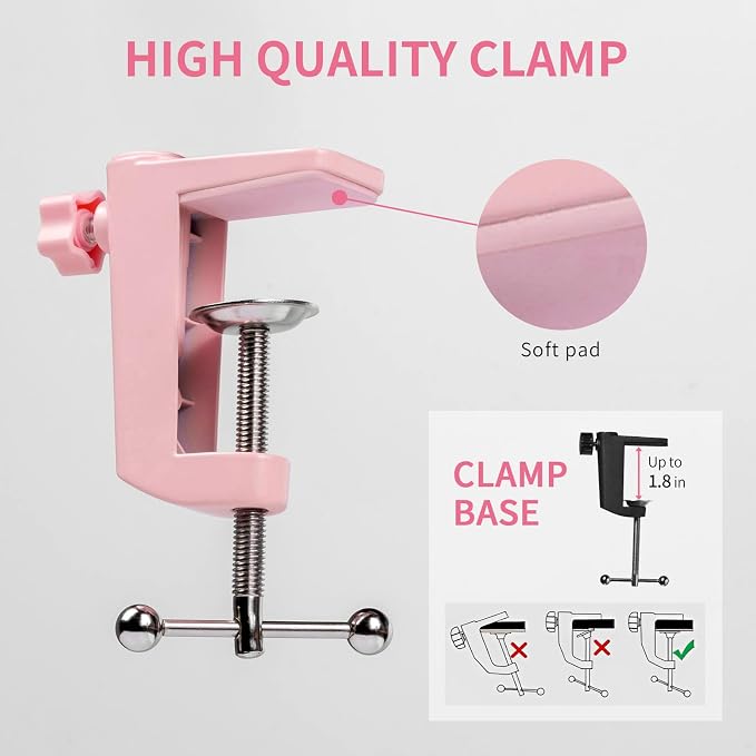 FEELWORLD AMS1 Microphone Boom Arm, Adjustable Mic Arm Stand with 3/8” to 5/8” Screw, Compatible with PM1 and other Mics for Podcast Straming Gaming Studio （Pink)