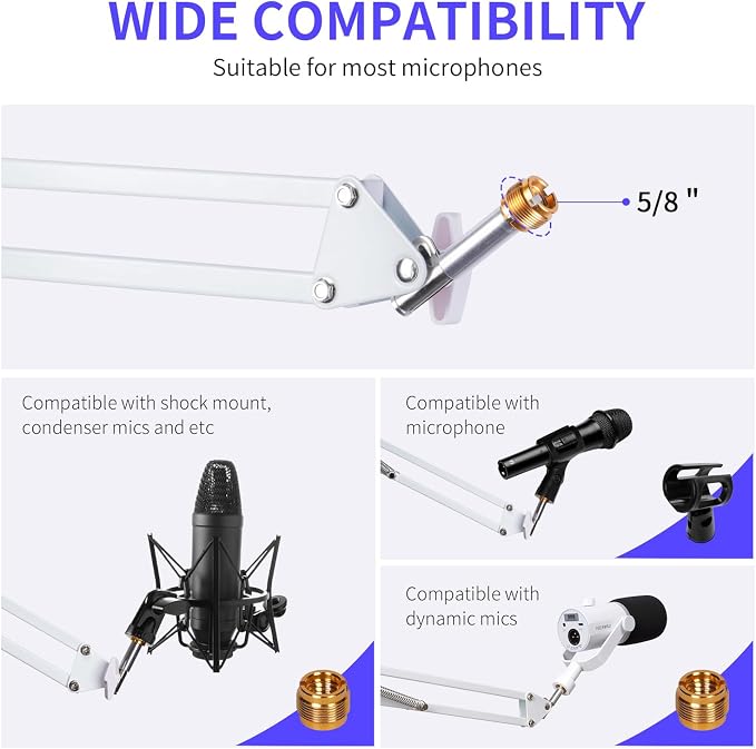 FEELWORLD AMS1 Microphone Boom Arm, Adjustable Mic Arm Stand with 3/8” to 5/8” Screw, Compatible with PM1 and other Mics for Podcast Straming Gaming Studio (White)