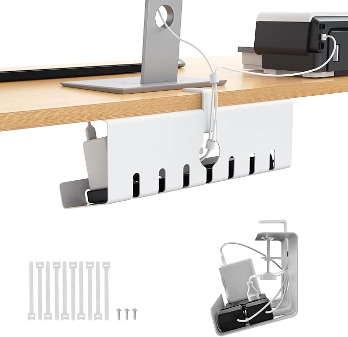 Syeeiex Under Desk Cable Management Tray, Cord Management, White, 17inch | No-Drill C-Clamp and Screw Mount, Metal Desk Wire Organizer for Office Home Workspace, Cord Organizer with 10 Cable Ties