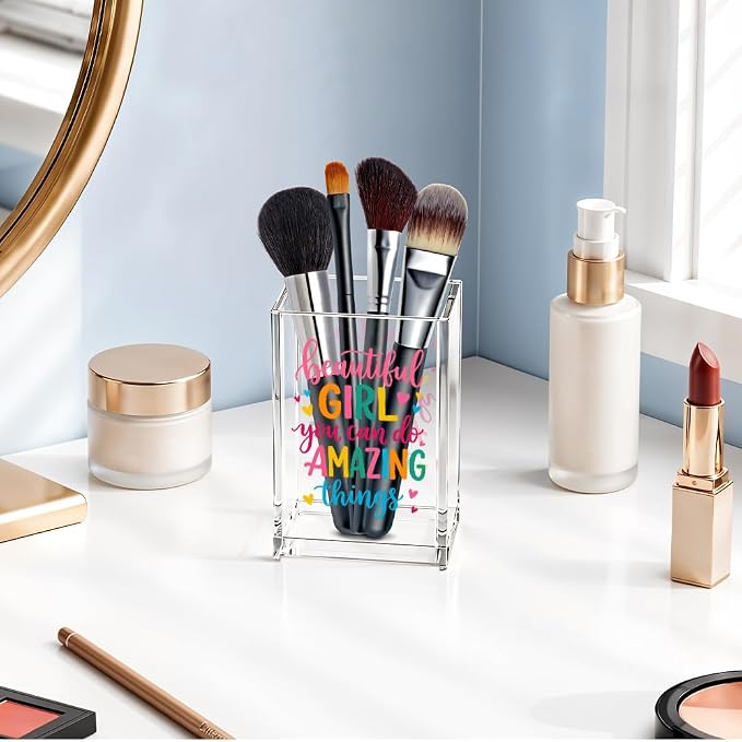 Beautiful Girl You Can Do Amazing Things Acrylic Cosmetic Pencil Pen Holder, Vanity Accessories Makeup Organizer for Daughter Sister, Encouragement Gifts for Makeup Lover, Make Up Brush Holder