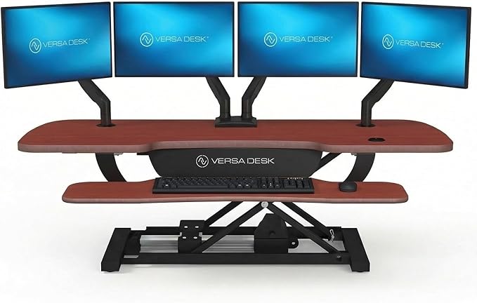 VERSADESK PowerPro 48 Inch Electric Standing Desk Converter – Push-Button Height Adjustable Sit to Stand Desk Riser for Multiple Monitors – Motorized Desktop Workstation with Wide Keyboard Tray