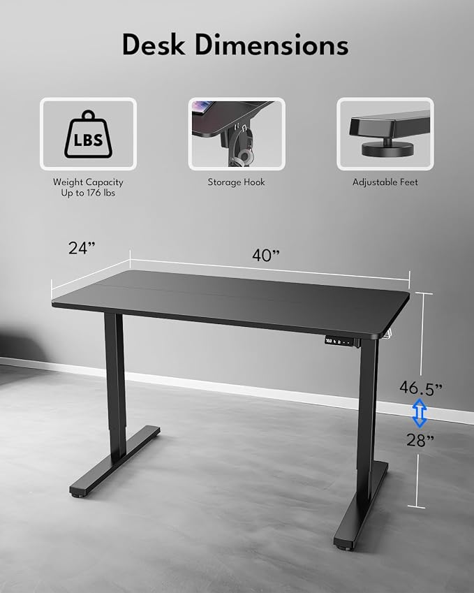 Electric Standing Desk, Gaming Desk, 40 x 24 Inch, Black | Height Adjustable Computer Desk with Smart Controller, Sit and Stand Up Table for Home, Office, Work, Study, Writing