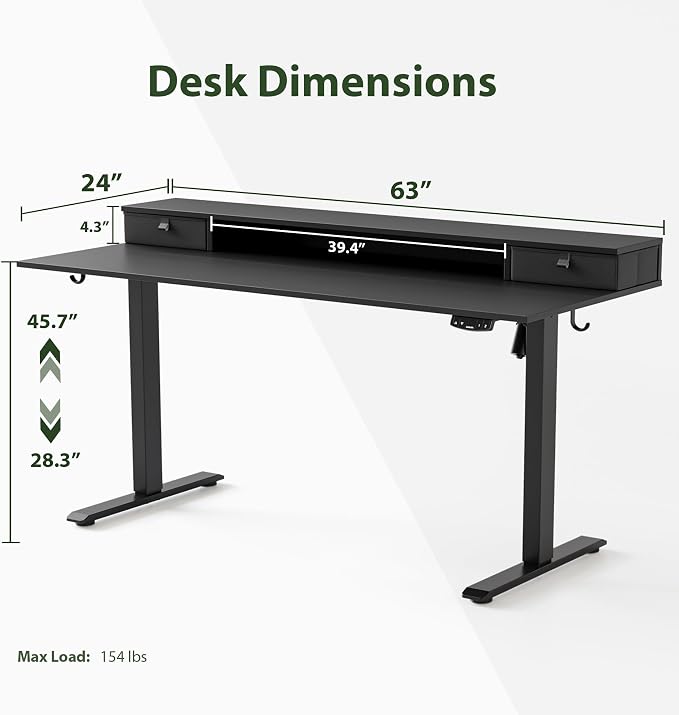 Agilestic 63 x 24 Inches Height Adjustable Electric Standing Desk with 2 Drawers, Stand Up Electric Desk Adjustable Height, Sit Stand Computer Gaming Table with Splice Board, Black