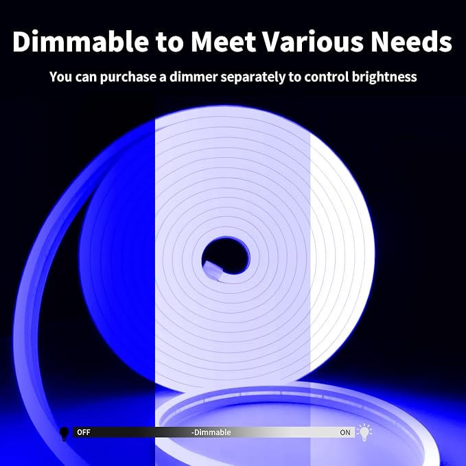iNextStation Blue LED Light Strip, 16.4ft/5m 12V Silicone Flexible Neon Rope Lights, IP65 Waterproof Cuttable LED Strip Lights for Gaming Room, Bedroom, Outdoor Light, DIY Sign Decor (No Adapter)