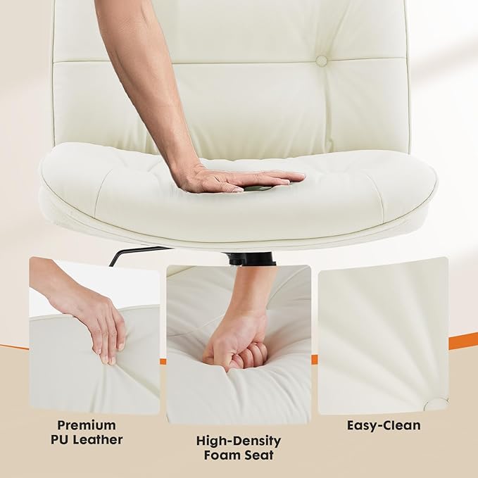 Sweetcrispy Criss Cross Armless Office Chair - PU Leather Adjustable 360° Swivel Wide Seat with Thick Padding, Ergonomic Rolling Computer Desk Task Chair for Modern Vanity & Makeup