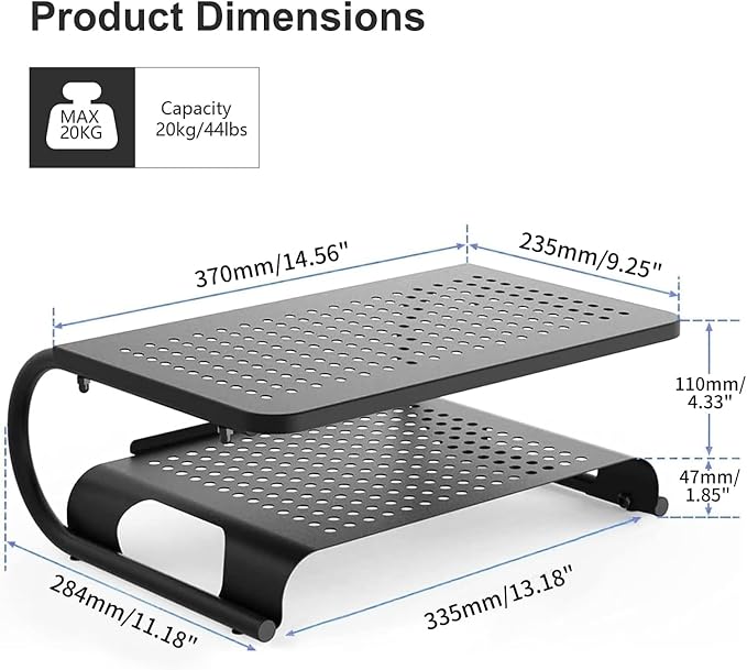 suptek Double-Deck Desk Monitor Stand Riser for Computer,Laptop,Printer, Notebook and All Flat Screen Display with Vented Metal Platform and 4 Inches Height Underneath Storage (MST002)