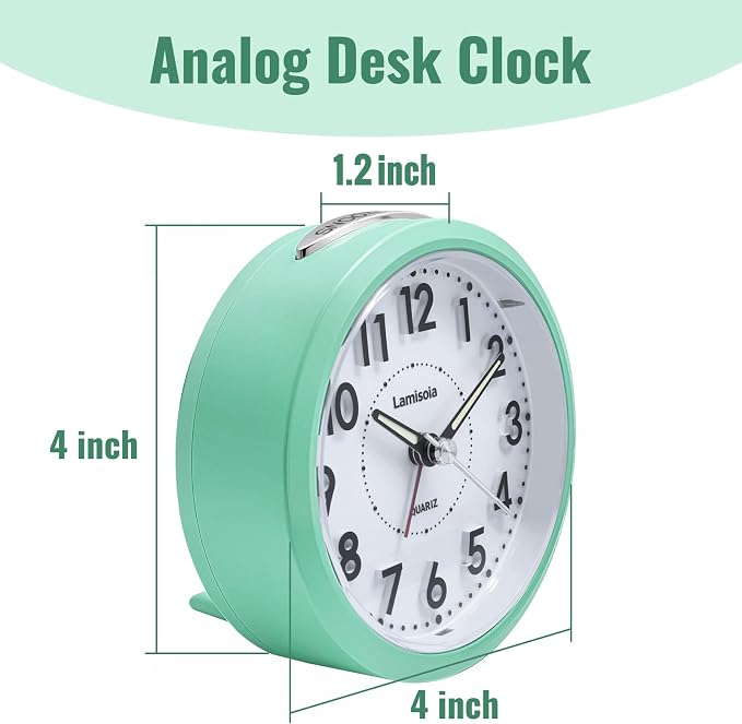 Lamisola 4 Inch Alarm Clock for Bedrooms, Small Analog Desk Clock, Mint | Battery Operated Bedside Clock for Bedroom Bathroom Home Nightstand Shelf, Night Light Snooze, Minimalist Clocks for Seniors