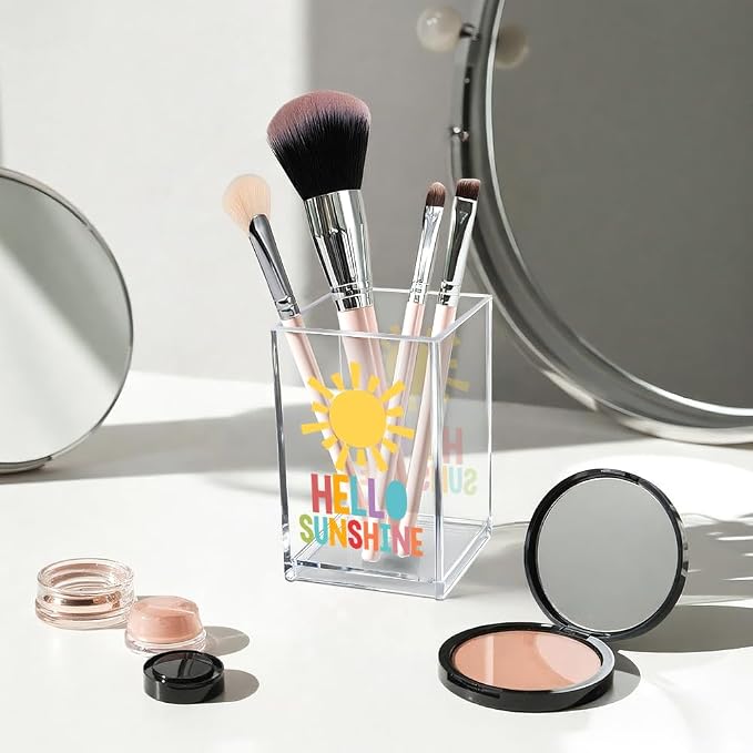 Hello Sunshine Acrylic Cosmetic Pencil Pen Holder Cup, Inspirational Sunshine Desk Organizer Accessories for Home Office Decor, Motivational Appreciation Gifts for Coworker Teacher Secretary