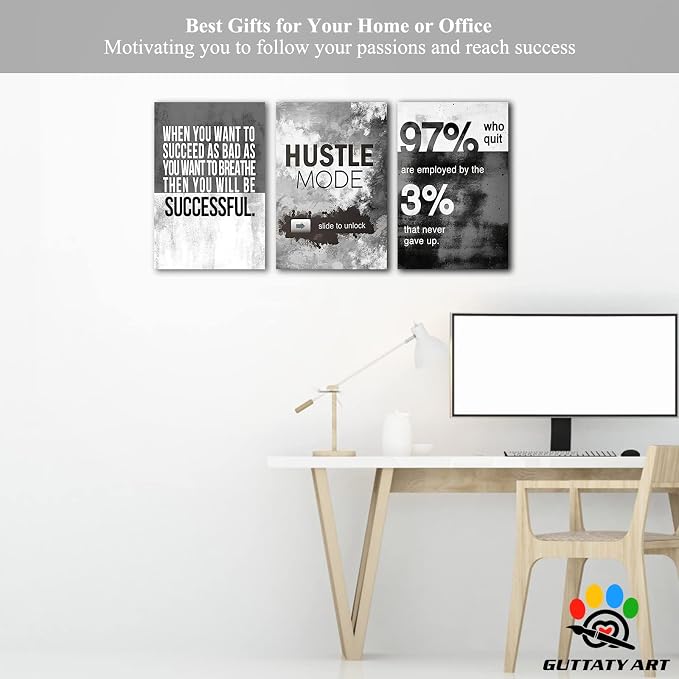 Office Wall Art-3 Panel Motivational Art, Inspirational Quotes Canvas for Home Office, Positive Quote Wall Decor, Entrepreneur Words Poster Frame 12'x24'x3Pcs