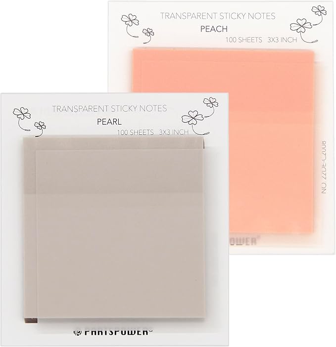 PARTSPOWER Transparent Sticky Notes, 3X3 Inch, Pastel Translucent Ananotating Sticky Notes for Books, Bible Study, Reading, Office School Supplies, 100 Sheets/Pad (Pearl & Peach)