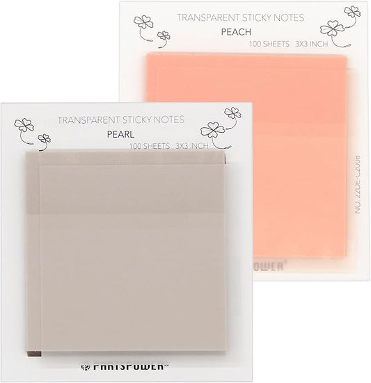 PARTSPOWER Transparent Sticky Notes, 3X3 Inch, Pastel Translucent Ananotating Sticky Notes for Books, Bible Study, Reading, Office School Supplies, 100 Sheets/Pad (Pearl & Peach)