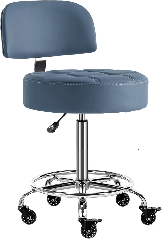 Lockable Stool with Back and Foot Rest Ergonomic Rolling Hydraulic Adjustable Stool for Doctor Esthetician Artist Home Small Office Desk (Blue, 19.5''-24.5'')