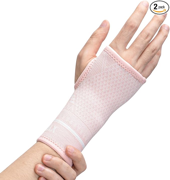 INDEEMAX Copper Wrist Compression Sleeve 1 Pair, Comfortable Hand Brace Support for Arthritis, Tendonitis, Sprains, Workout, Carpal Tunnel - Left & Right - Women and Men (Pink, L)