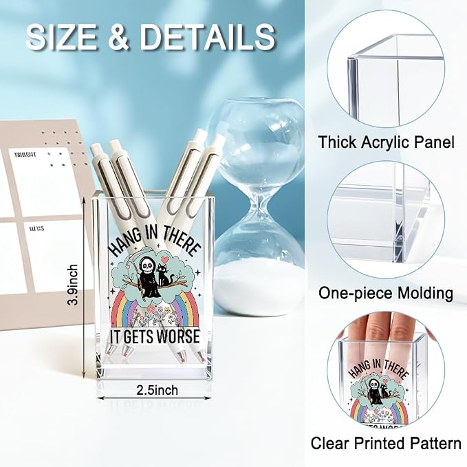 Hollaween Hang In There It Gets Worse Acrylic Pencil Holder Cup Gifts | Funny Grim Reaper Black Cat Pen Holder For Friends HR Nurse, Dark Humor Office Gifts for Coworkers, Mental Health Gifts