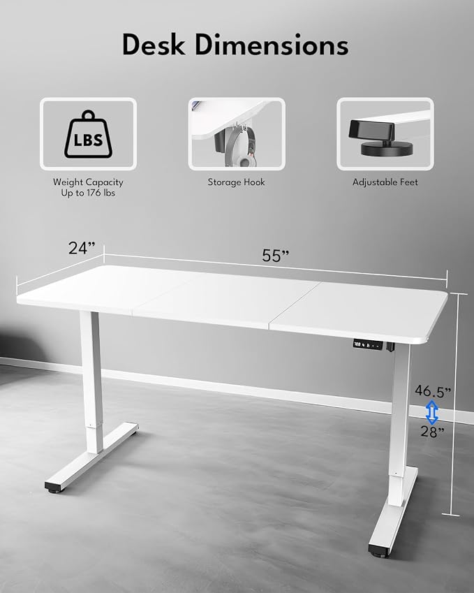 Large Electric Standing Desk, Gaming Desk, 55 x 24 Inch, White | Height Adjustable Computer Desk with Smart Controller, Sit and Stand Up Table for Home, Office, Work, Study, Writing