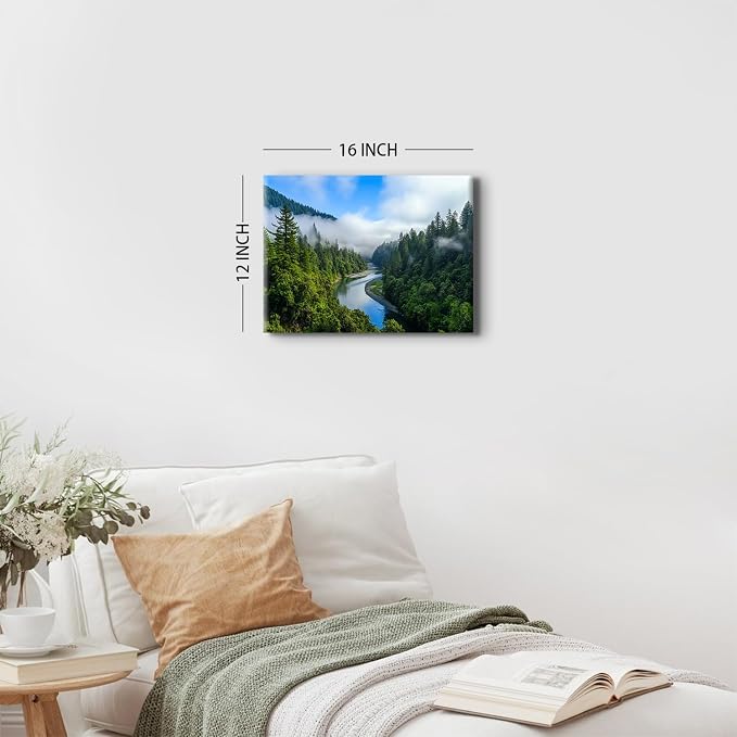 Smoky Mountain Canvas Wall Art for Living Room, Foggy Forest Landscape Wall Decor Nature Pine Trees Scenery Picture Prints Poster Mountains Lake Painting Artwork Home Bedroom Office Decorations 12x16”