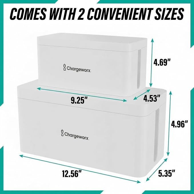 Cable Management Box, Extension Cord Hider, Power Strip Box, White, 2 Pack | Wire Organizers for Cords, Floor Cable Concealer, Heat Resistant, Vented, Cord Hider Box, Power Strip Cover Box