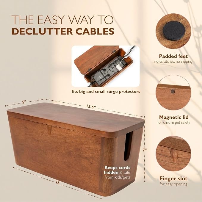 Mango Cable Management Box - Rustic Design (Natural, Extra Large) | Mango Wood, Cable Organizer, Rustic Style, Modern Design, Desktop Storage
