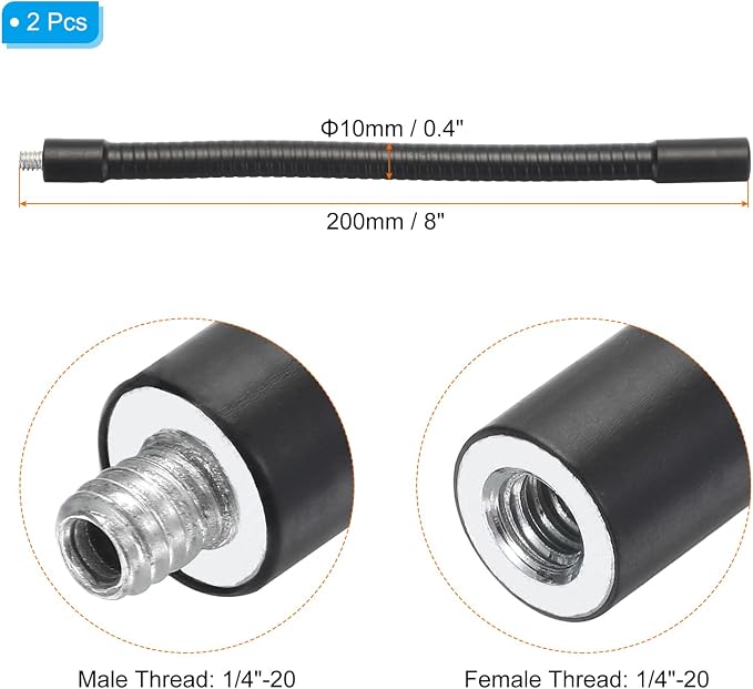 PATIKIL 8" Gooseneck, 2 Pcs 1/4"-20 Female to Male Thread Metal Universal Hose Flexible Arm Gooseneck Tube Extension Holder for Action Camera, Phone, Microphone, Black