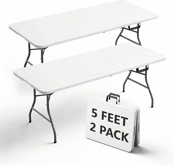 Folding Table 5FT 2 Pack Heavy Duty Plastic Table, Foldable & Portable, Fold-in-Half Utility Tables for Outdoor, Dining, Wedding, Events, Indoor, Picnic, Camping, Party,White