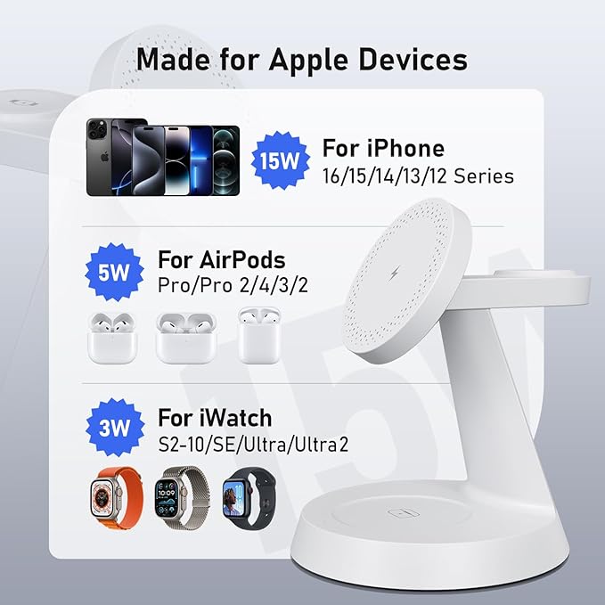 3 in 1 Wireless Charging Station for Apple, Charger Stand for Multiple Apple Devices, Wireless Charging Station for iPhone 17/16/15/14/13/12 Series, Wireless Charger for AirPods, iWatch Series (White)