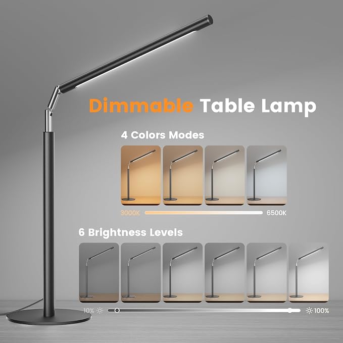 SIBRILLE Metal LED Desk Lamp, 16" Dimmable Desk Light with Base, 15W 1200LM, Adapter Included, Color & Brightness Adjustable, Modern Tall Table Lamp for Home Office Reading Study Task Laptop, Black