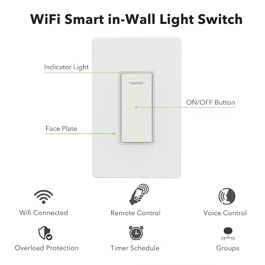 BN-LINK Smart Light Switch with Timer Function, Single Pole, 2.4GHz Wi-Fi in-Wall Switch, Neutral Wire Required, Compatible with Alexa and Google Assistant, No Hub Required, White(4 Pack)