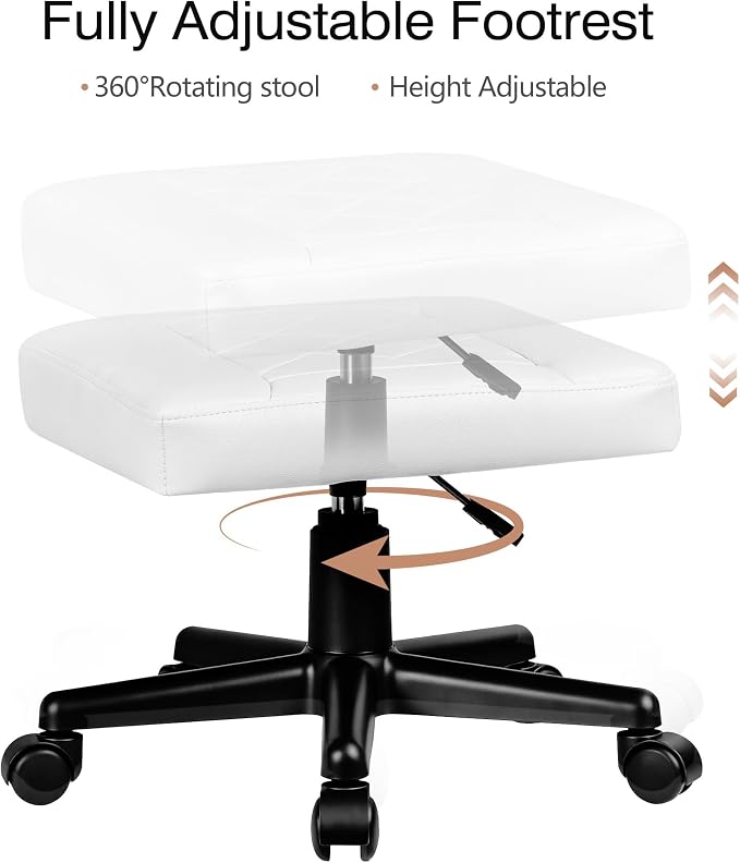 VECELO Under Desk Footrest, PU Ergonomic Foot Rest with Wheels, Comfort Padding, Height Adjustable for Relieving Leg Pain, Stiffness, and etc, White