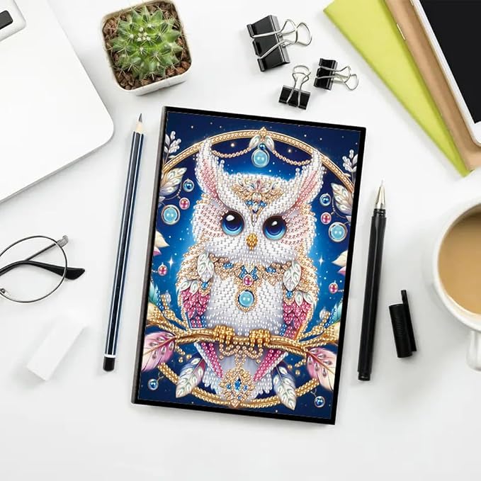 FRANDEK A5 50-Page DIY Owl Diamond Art Painting Notebook with Beautiful Patterns, Special Shaped Diamond Art Craft for Beginners Adults Gift